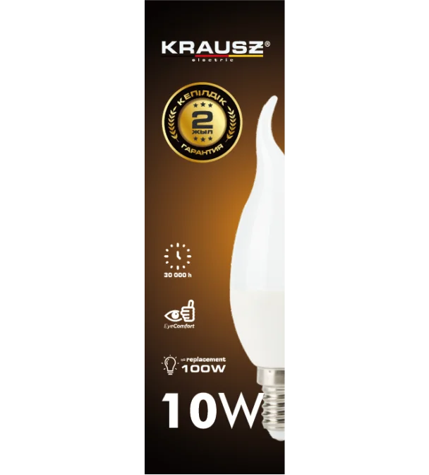 10W лампа свеча, теплый свет (C35), E14 KRAUSZ